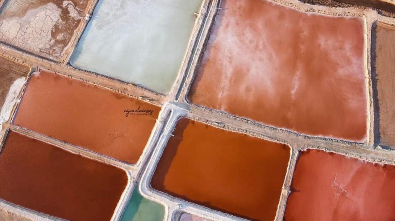 Crystalliser and concentrator ponds at the Al Mozan sea salt works in Libya, seen from above
